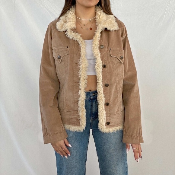 Vintage Y2K Corduroy Jacket Junior Size Small Button Up Frayed Buckle Coat Tan - Picture 1 of 7